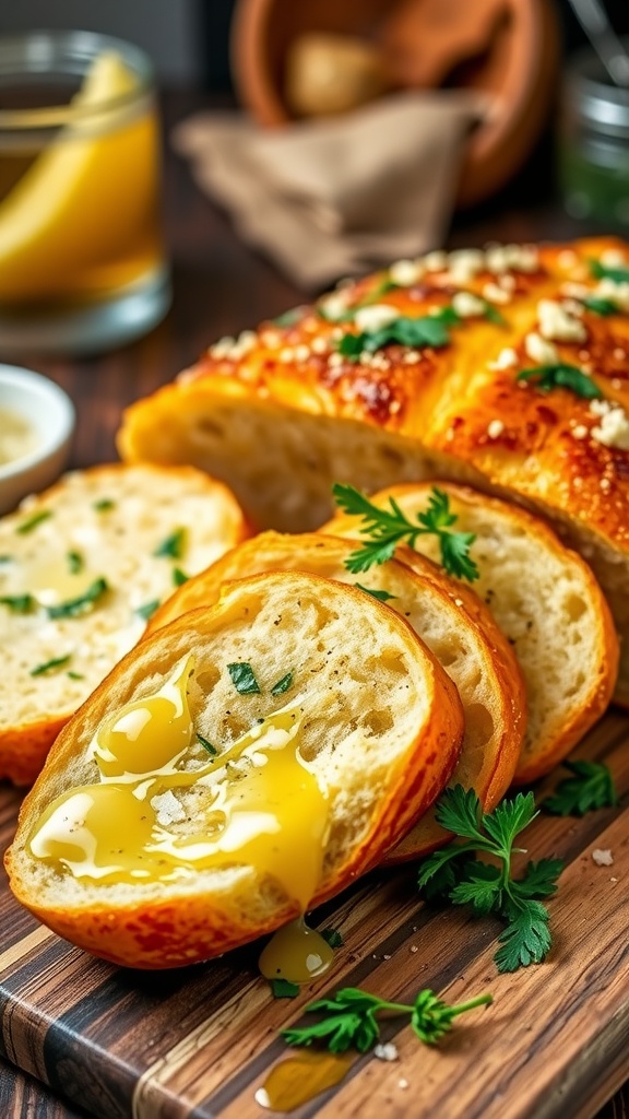 Slices of garlic butter bread on a wooden cutting board, garnished with parsley and Parmesan.